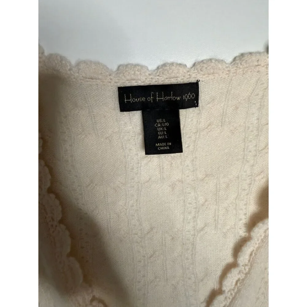 House of Harlow 1960 Women L Cashmere Cable Knit Cardigan Ivory Crochet Trim